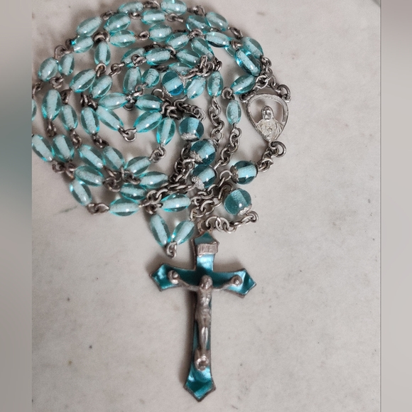 Vintage Blue Glass Rosary Enamel Crucifix INRI - Picture 10 of 13